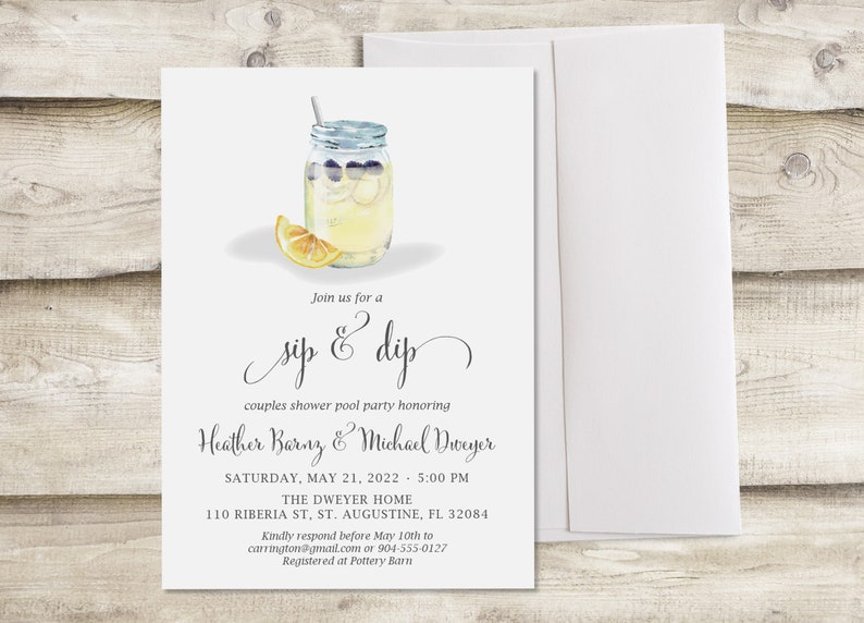 Sip & Dip Couples Pool Party Bridal Shower Invitation, Cocktail Party Wedding Shower, Birthday Party, Rehearsal Dinner, Lemonade Baby Shower image 5