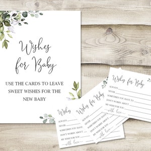 Printed Wishes for Baby Sign with 3.5x5 inch Cards, Baby Shower Game for Mommy-to-be, Greenery Sign for New Parents at Baby Sprinkle