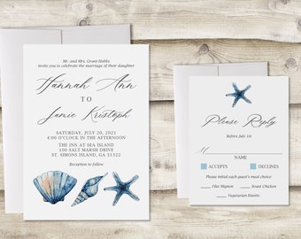 The Sea Island Wedding Invitation and RSVP Set, Nautical Shell or Beach Wedding Invitation, Customized Personalized Starfish Seashell Invite