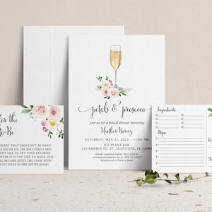 Petals & Prosecco Bridal Shower Invitation with Insert Card and Recipe Card, Recipes for the Bride, Brunch and Bubbly Kitchen Shower Invite