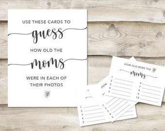 Printed How Old Were the Two Moms? Sign with 3.5x5 inch Cards, Baby Shower or Sprinkle Game, Guess the Age of the Moms in Photos, Simple