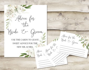 Printed Advice for the Bride & Groom Sign with 3.5x5 inch Cards, Bridal Shower or Wedding Shower Game, Wedding Guest Book Option, Greenery