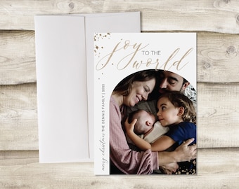 Joy to the World Christmas Single Photo Card with Envelope, Happy Holidays Family Card, Faux Gold Modern Photograph Card, Merry Christmas