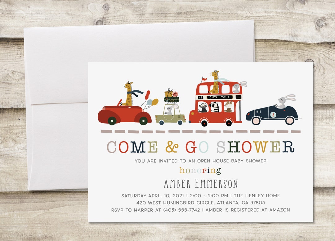 Come and Go Baby Shower Invitation, Animals in Cars Open House Baby