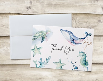 Under the Sea Ocean Personalized Stationery Folded Notecards, Whale Turtle Seahorse Starfish Thank You Notecards, Baby Shower Thank You Note