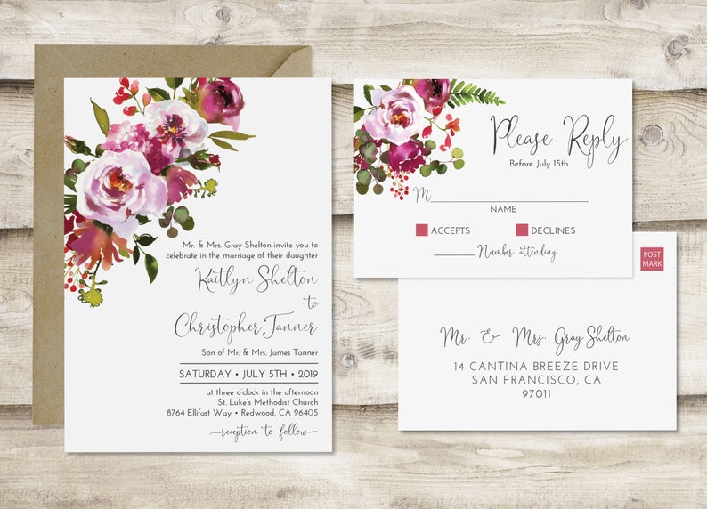 The Floral Wedding Invitation And Postcard Rsvp Set Spring Wedding Invitations Floral Wedding Invitations Garden Wedding Invitations Paper Party Supplies Invitations Announcements