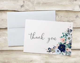 Blue Pink Floral Wedding Thank You Cards, Anemone Bridal Shower Thank You Notes, Baby Shower Sprinkle Folded Notecards, Personal Stationery