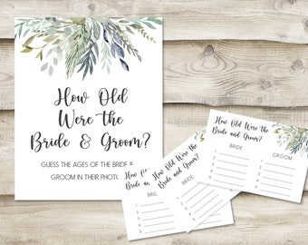 Printed How Old Were the Bride & Groom? Sign with 3.5x5 inch Cards, Bridal or Wedding Shower Game, Guess the Age of the Couple in Photos