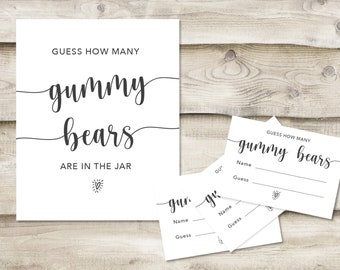 Printed Guess How Many Gummy Bears Are in the Jar Sign with 3.5x5 inch Cards, Baby Shower or Sprinkle Game, Simple Minimal, Couples Shower
