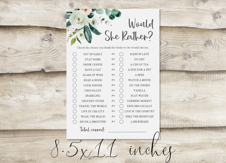 Would She Rather Digital Download Wedding Shower Game Couples Shower Game Downloadable File for Shower Game Bridal Shower Game