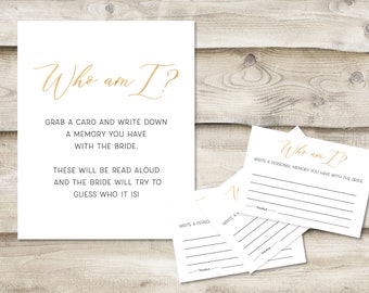 Printed Who Am I? Share a Memory with the Bride Sign with 3.5x5 inch Cards, Bridal Wedding Shower Game, Guess Who Owns Each Story, Faux Gold