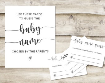 Printed Guess the Baby Name Sign with 3.5x5 inch Cards, Baby Shower Game for Parents or Mommy, Simple Minimal, Sign for Child's Name Choice