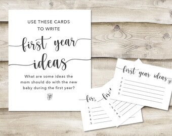 Printed First Year Ideas Sign with 3.5x5 inch Cards, Baby Shower Game for Mommy-to-be, Simple Minimal Sign for New Parents at Baby Sprinkle