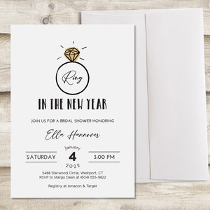 Ring in the New Year Bridal Shower Invitation, Black and Gold Simple Couples Wedding Shower Invite, New Years Rehearsal Dinner or Reception