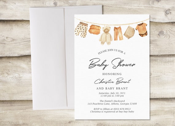 Baby Clothes Shower Invitation Gender Neutral Clothesline Baby