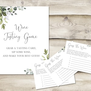 Printed Wine Tasting Game Sign with 3.5x5 inch Cards for Guesses, Bridal Shower or Wedding Shower Game, Greenery, Floral, Brunch and Bubbly