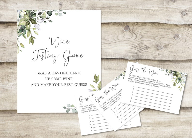 Printed Wine Tasting Game Sign with 3.5x5 inch Cards for Guesses, Bridal Shower or Wedding Shower Game, Greenery, Floral, Brunch and Bubbly image 1