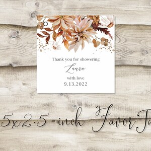 Printed Autumn Thank You for Showering with Love Hang Tags, Fall Daisy Favor Gift Tags, Tags for Bridal Baby Shower, Square, Hole-Punched