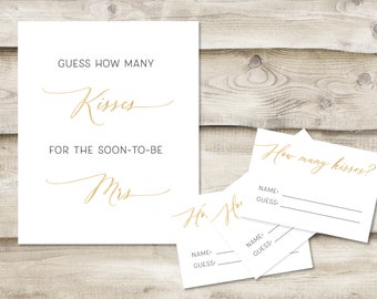 Printed Guess How Many Kisses for the Soon-to-be Mrs. Sign with 3.5x5 inch Cards, Bridal Shower or Wedding Shower Guessing Game, Faux Gold