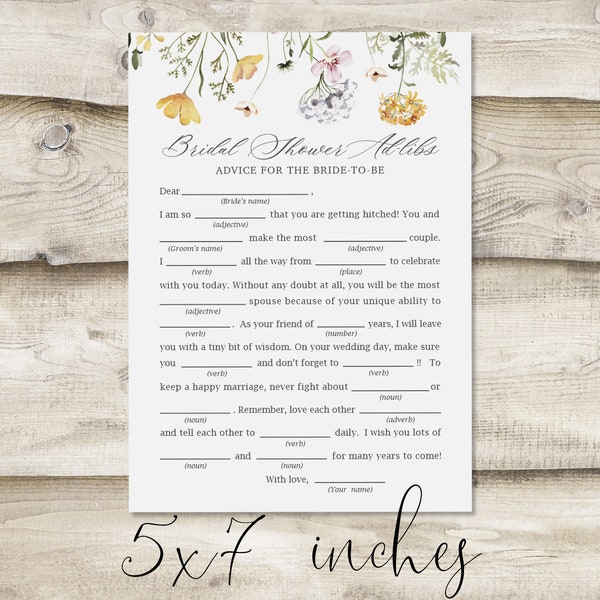 Printed Ad Libs Card: Advice for the Bride, Bridal Shower or Wedding Shower Game, Wedding Wishes from Friends and Family, Advice for Couple