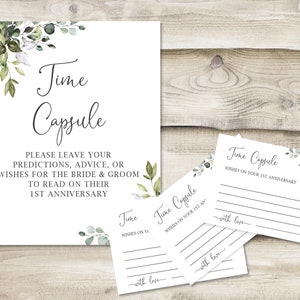 Printed Time Capsule Sign with 3.5x5 inch Cards, Greenery Wedding Predictions, Advice, and Wishes for the Bride and Groom on 1st Anniversary