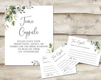Printed Time Capsule Sign with 3.5x5 inch Cards, Greenery Wedding Predictions, Advice, and Wishes for the Bride and Groom on 1st Anniversary