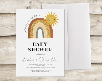 Rainbow and Sunshine Baby Shower Invitation, Couples Co-Ed Shower Invitation, Gender Neutral Sun Outdoor Baby Boy Sprinkle Invite, Retro