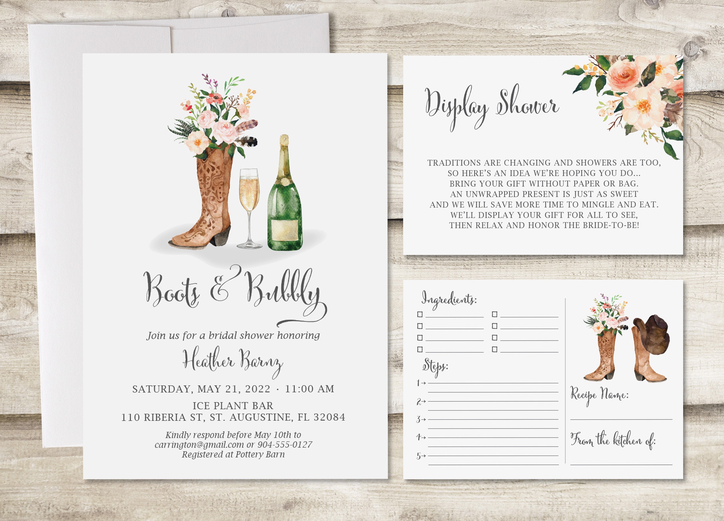 Boots and Bubbly Bridal Shower Invitation With Display Shower