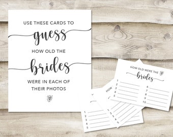 Printed How Old Were the Two Brides? Sign with 3.5x5 inch Cards, Bridal Shower or Wedding Shower Game, Guess the Age of the Brides in Photos