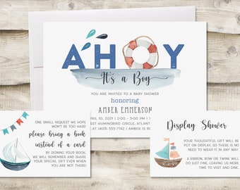 Ahoy! It's a Boy Baby Shower Invitation with Book Instead of Card and Display Shower Insert Cards, Nautical Ocean Life Couples Shower Invite