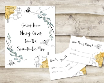 Printed Guess How Many Kisses for the Soon-to-be Mrs. Sign with 3.5x5 inch Cards, Bridal Shower or Wedding Shower Game, Honey Bee, Floral