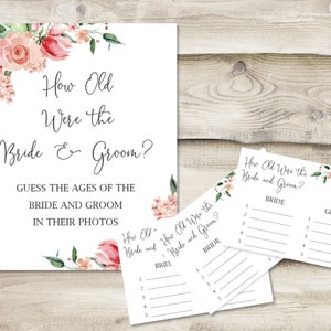 Printed How Old Were the Bride & Groom? Sign with 3.5x5 inch Cards, Bridal or Wedding Shower Game, Guess the Age of the Couple in Photos