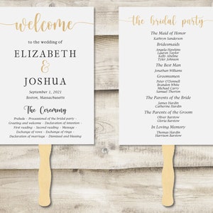 Faux Gold Wedding Hand Fan with Ceremony Program on Front and Bridal Party on Back, Wedding Fan Program, Program for Outdoor Wedding