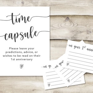 Printed Time Capsule Sign with 3.5x5 inch Cards, Simple Wedding Predictions, Advice, and Wishes for the Bride and Groom on 1st Anniversary