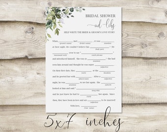 Printed Ad Libs Card: Help Write the Bride and Groom's Love Story, Bridal Shower or Wedding Shower Game, Game Card for Group or Table