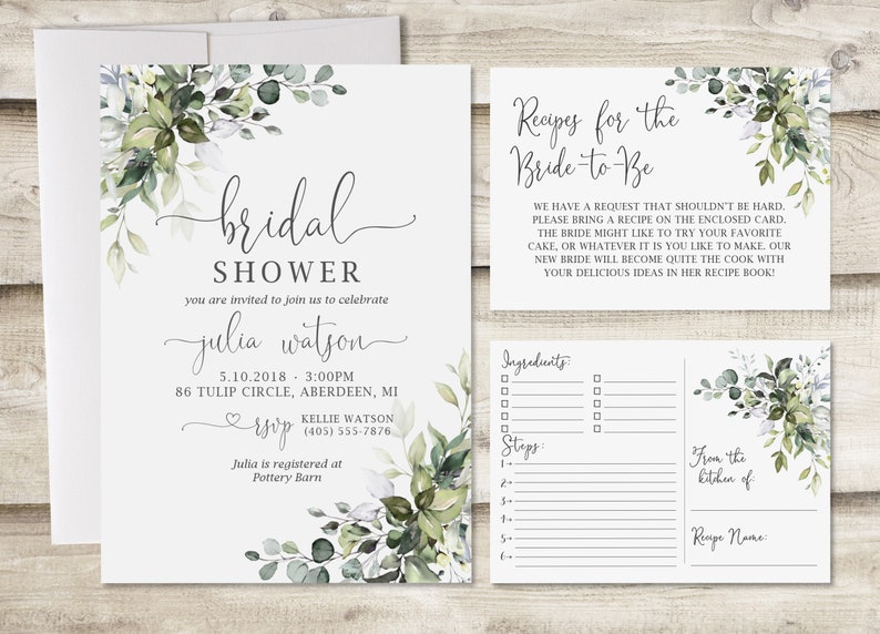 Greenery Bridal Shower Invitation with Insert Card and Recipe image 1