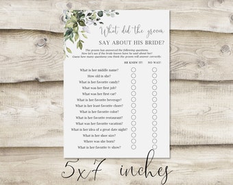 Printed What Did the Groom Say About His Bride? Game Card, Bridal Wedding Shower Games for Guests, Greenery Floral Couples Co-Ed Game