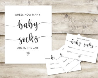 Printed Guess How Many Baby Socks Are in the Jar Sign with 3.5x5 inch Cards, Baby Shower or Sprinkle Game, Simple Minimal, Couples Shower