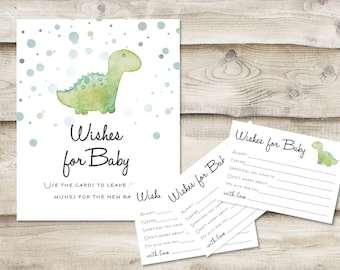 Printed Wishes for Baby Sign with 3.5x5 inch Cards, Baby Shower Game for Mommy-to-be, Dino T-Rex Dinosaur New Parents at Baby Sprinkle