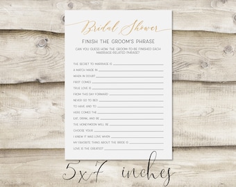 Printed Finish the Groom's Phrase Game Card, Groom Guessing Game, Bridal Wedding Shower Games for Guests, Faux Gold Couples Co-Ed Game