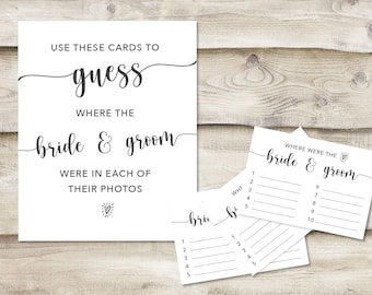 Printed Where Were the Bride & Groom? Sign with 3.5x5 inch Cards, Bridal Shower or Wedding Shower Game, Guess Where the Couple Traveled To