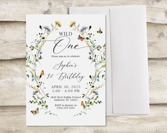 Wild One Birthday Party Invitation, Wildflower Children's Kid's 1st First Birthday Invite, Birthday Girl Celebration, Flower Garden Spring