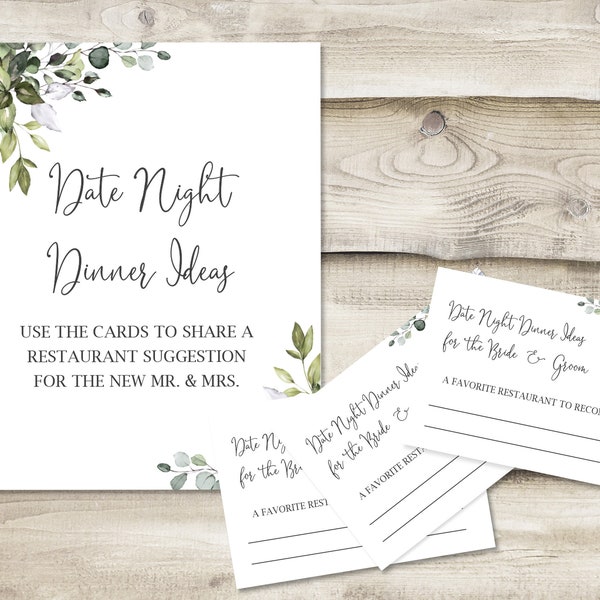 Printed Date Night Dinner Ideas Sign with 3.5x5 inch Cards, Bridal Wedding Shower Game, Guest Book, Restaurant Suggestions for Bride & Groom