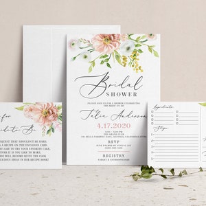 Bridal Shower Invitation with Recipe Instruction Insert Card & Recipe Card, Botanical Bridal Shower Invitation, Floral Bridal Shower Invite