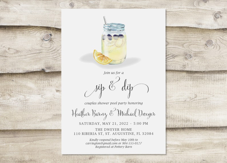 Sip & Dip Couples Pool Party Bridal Shower Invitation, Cocktail Party Wedding Shower, Birthday Party, Rehearsal Dinner, Lemonade Baby Shower image 6