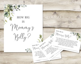 Printed How Big is Mommy's Belly Sign with 3.5x5 inch Cards, Baby Shower Game for Mommy-to-be, Greenery Sign for Parents at Baby Sprinkle