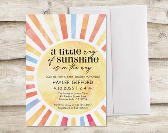 A Little Ray of Sunshine is on the Way Baby Shower Invitation, Couples Co-Ed Shower, Gender Neutral Sun Outdoor Baby Boy Sprinkle Invite