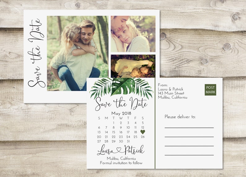Photograph Save the Date Save Our Date with Picture Island Save The Date Postcard with 3 Photos Destination Tropical Save the Date