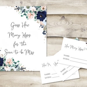 Printed Guess How Many Kisses for the Soon-to-be Mrs. Sign with 3.5x5 inch Cards, Bridal Shower or Wedding Shower Game, Greenery, Floral