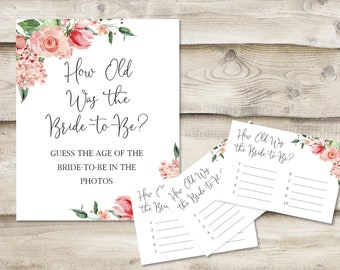 Printed How Old Was the Bride-to-Be? Sign with 3.5x5 inch Cards, Bridal Shower or Wedding Shower Game, Guess the Age of the Bride in Photos